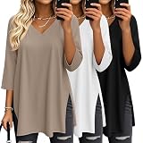 Suilung Pack 3 Tops Mujer Oversize Manga 3/4 Cuello V, XXL, 3-Color