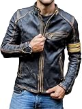 Chaqueta de cuero real para hombre | Cafe Racer Chaqueta de cuero negra para motocicleta | Con detalle vintage desgastado, Negro, L