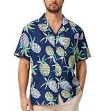AMZSPORT Camisa Hawaiana Hombre Manga Corta de Verano Camisas Festival Estampada, Piña Azul Marino L