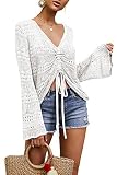 Saodimallsu - Camisas de crochet con mangas acampanadas para mujer, estilo boho, con hombros descubiertos, transparentes, de gran tamaño, con volantes y detalle de goma, Blanco, XL