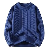 Generisch - Jersey de punto para hombre con patrón de trenza, suéter vintage de gran tamaño, cuello redondo, elegante, de punto grueso, básico, de un solo color, jersey de punto de costilla, jersey de