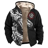 Generisch Sudadera con capucha de vikingo para hombre, chaqueta gruesa de forro polar con cremallera, estilo streetwear con estampado de mitología nórdica, sudadera cálida de invierno con mangas