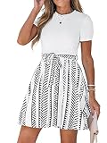 CUPSHE Vestido combinado de manga corta con cinturón y estampado geométrico, cuello redondo, vestido casual de verano, Blanco, XL