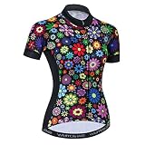 Mujer ciclismo Jersey manga corta transpirable con bolsillos flor, colorful flower, Medium