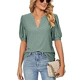 Camisetas Manga Corta Mujer con Volantes Blusas Mujer Verano Cuello en V Elegantes Mujer Tops (B-Verde Oscuro,L)