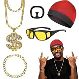 5 Piezas Disfraz de Rapero Amarillo para Adultos, Disfraz de los Años 90, Accesorios Hip Hop con Gorro, Gafas, Cadena Dorada, Pulsera, Barba, para Fiestas Temáticas, Halloween, Despedida Soltero