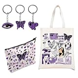 Puedno Bolsa de lona de 2 piezas y bolsa de maquillaje para fans, regalos de apoyo de cantante, regalos inspirados en álbumes, bolso de transporte para amantes de la música con 3 llaveros, cantante