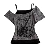 Camisetas Emo Grunge para mujer - Camiseta vintage Y2K de dos piezas con gráfico de guitarra, estilo gótico, manga corta, con hombros descubiertos, camiseta crop top alternativa, ropa callejera punk