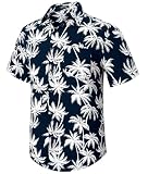 Enlision Camisas Hawaianas para Hombre, Camisa de Algodón de Manga Corta con Botón Informales de Verano con Flores Florales de Aloha para Vacaciones en La Playa Azul Marino L
