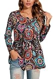 Enmain Mujer Casual Túnica Tops Floral Manga Larga Plisado Señoras Swing Tops Blusa Suelta Botones hasta Cuello En V Tallas Grandes Túnica Camiseta para Mujer Negro L
