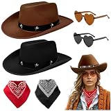 Audasi Juego De Disfraz De Vaquero Occidental, 6 Pack Negro Y Marrón Sombreros De Vaquero Con Estrellas Gafas De Con Bandanas Rojas Negras Vestir De Fantasía Occidental Para Cosplay Festa De Halloween