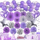 Recosis Decoraciones de fiesta de color morado y plateado, guirnalda de globos de pompón de papel, suministros de fiesta de lavanda para mujeres, Les Lala cumpleaños, San Valentín, despedida de