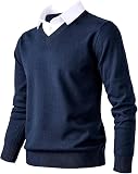 Herothorn Jersey de Punto para Hombre Jersey de Moda Suave al Tacto con Cuello en V y Camisa de Cuadros o Cuello Blanco.